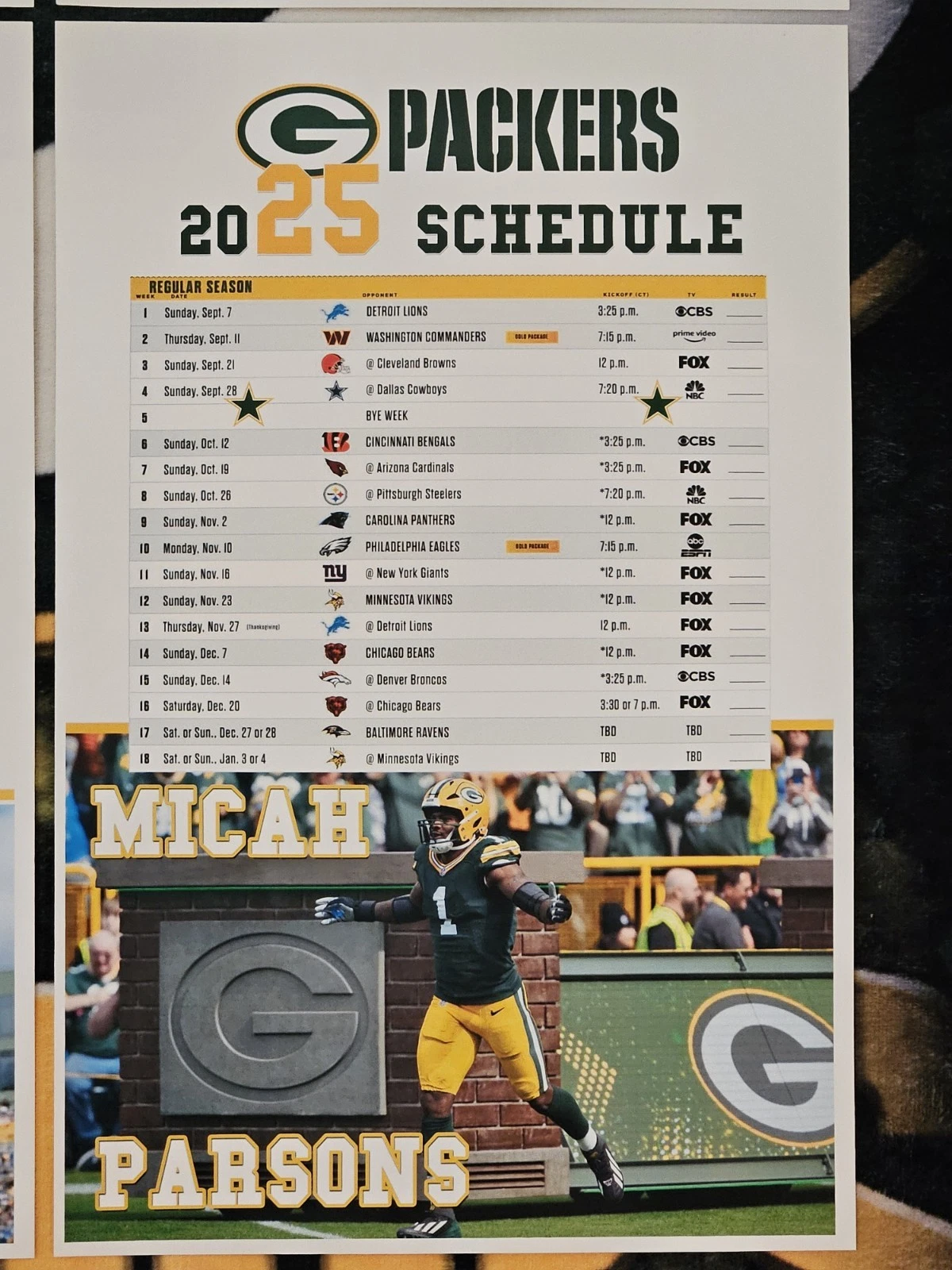 Micah Parsons 2025 Green Bay Packers Poster Schedule