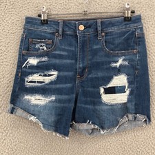 American Eagle Shorts Womens 4 Blue Denim Hi Rise Cut Off Super Stretch Distress