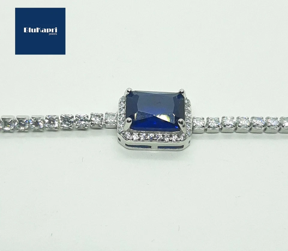 Bracciale donna tennis in argento 925 con zircone blu rettangolo kate - Immagine 2 di 4