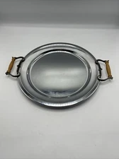 MCM ATAPCO Made in USA Metal-Chrome 13 3/8" Round Serving Tray With Wood Handles