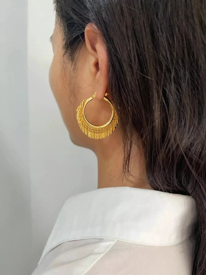 Statement Hoop Earrings Tassel Hoops Beaded Large Dangle Big Modern Gold Silver - Image 4 of 4