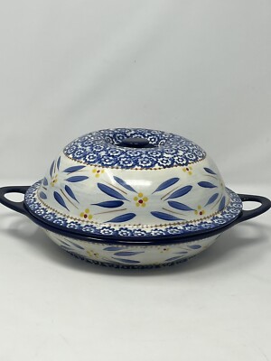 Temp-Tations Old World blue Shallow Baker with Lid Bowl EUC pie  plate