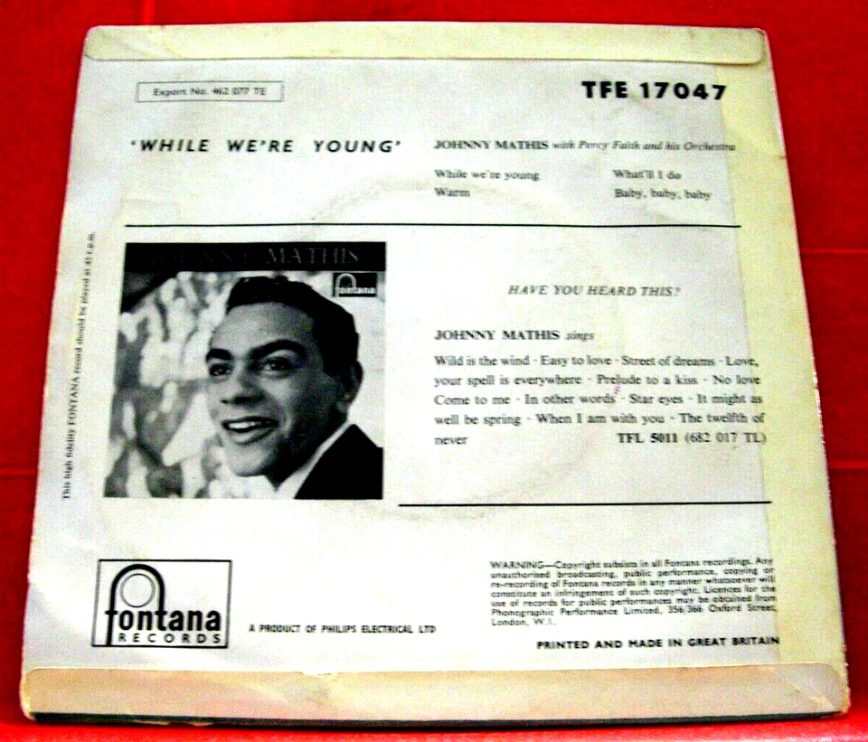 Johnny Mathis While We're Young 7" EP PC UK ORIG 1958 Fontana TFE.17047 VINYL - Image 2 of 4