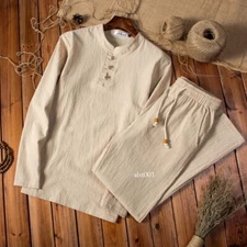 Men Suit Cotton Linen Summer Outfit 2-Piece Set Casual Long Sleeve T Shirt Pants