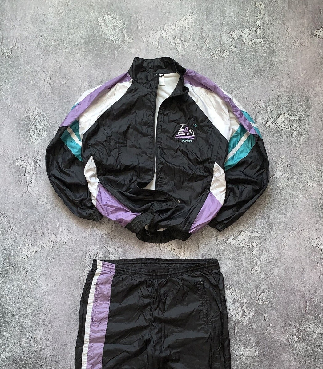Adidas Team L Vintage Track Suit Jacket + Pant Nylon Zip