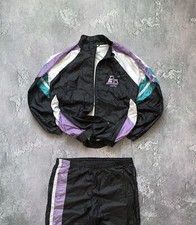 Adidas Team L Vintage Track Suit Jacket + Pant   Nylon Zip Jogger Neon Swoosh