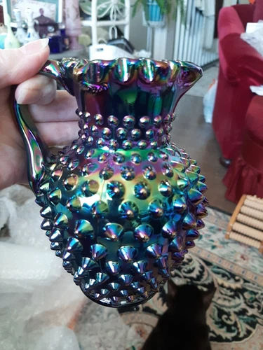 Vintage Fenton Blue Carnival Hobnail Sm Pitcher! Color is STUNNING!! RARE & HTF!