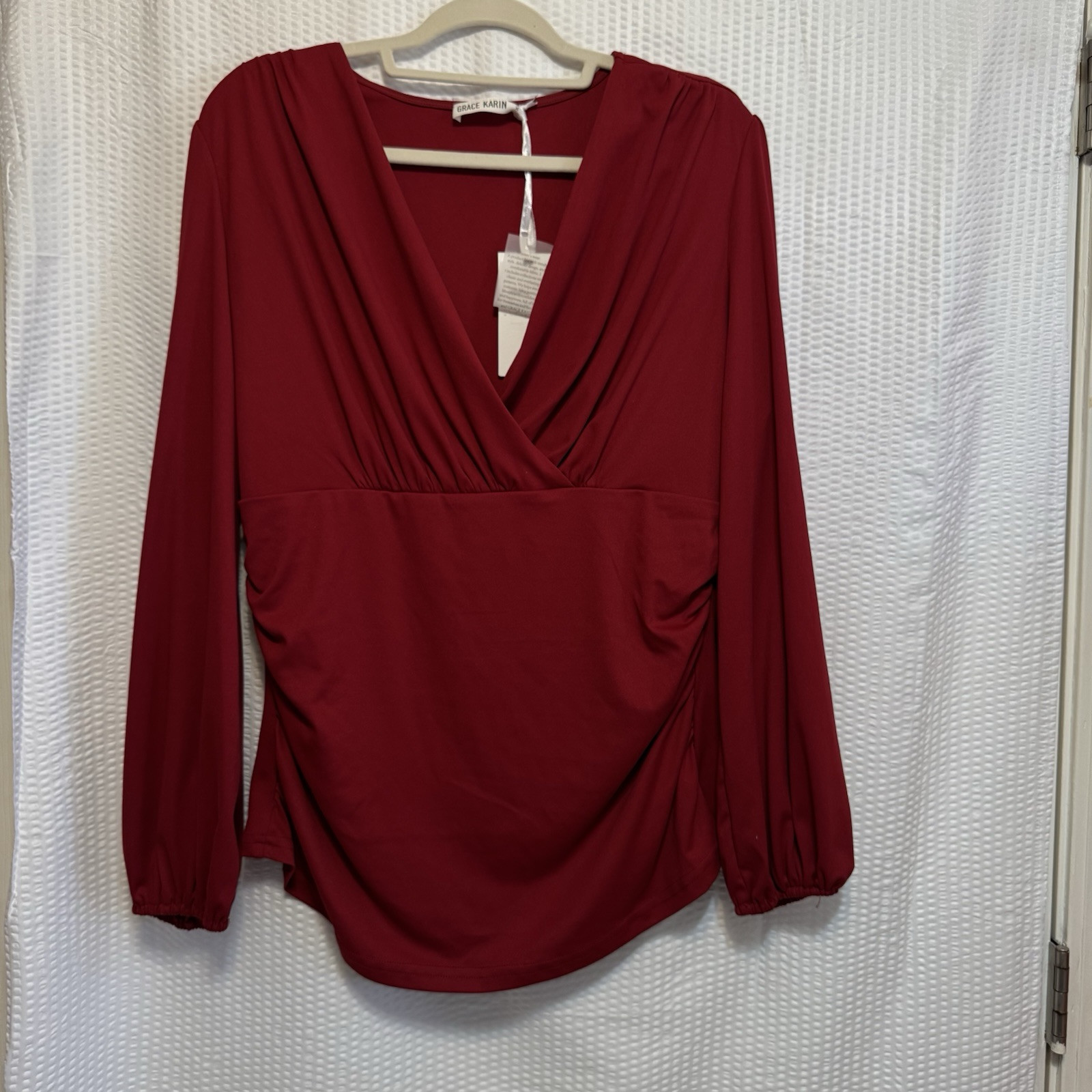 Grace Karin Womens Red Ruched V-Neck Long Sleeve Blouse Size XL New With Tags
