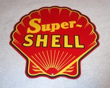 VINTAGE SUPER SHELL GASOLINE 11 3/4" PORCELAIN METAL DIECUT SERVICE STATION SIGN