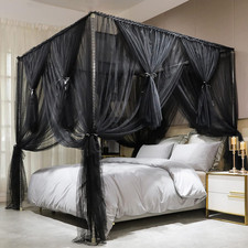 4 Corners Post Canopy Bed Curtain Black- King Size Royal Luxurious Cozy Drapes N
