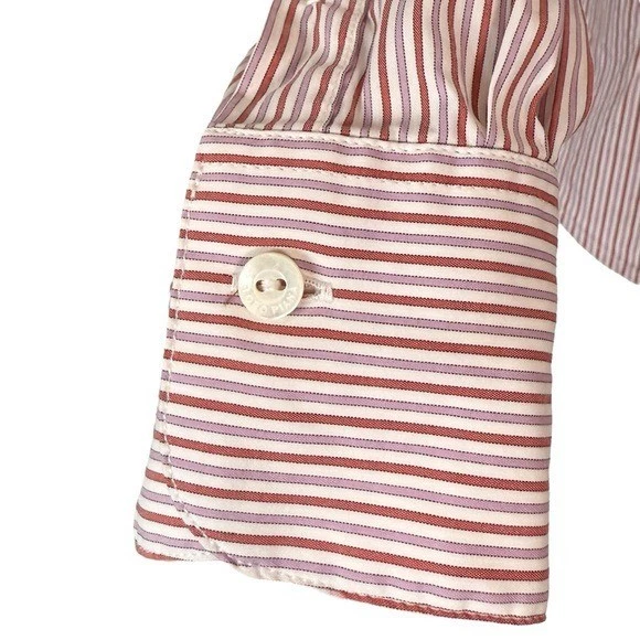 Camisa Loro Piana IT 44/US 8 listrada com botões mistura de algodão ajustada rosa vermelha branca - Imagem 3 de 4