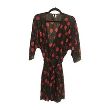 Vintage Gilligan O'Malley Women's Sheer Black Red Floral Lace Trimmed Robe