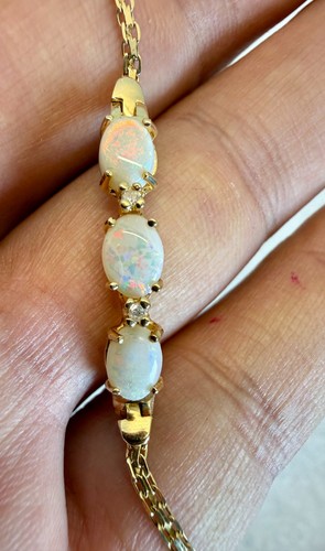 Vintage 14K Yellow Gold 3 Stone Opal & 2 Diamond Bracelet 7” 3.52g - Afbeelding 2 van 14