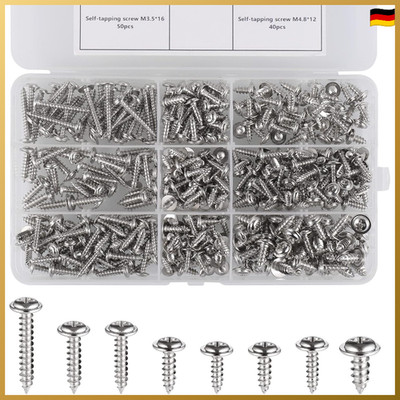 Blechschrauben Sortiment 350 Stück M3-M4,8 Flachkopf Silber in Kunststoffbox