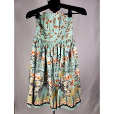 Twee Soft Girl Strapless Floral Bird Print Dress Small Boho Aqua Fit & Flare NWT