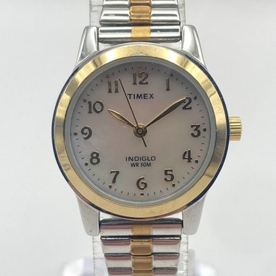 Timex Women's Watch 25mm Silver Gold Two Tone MOP Indiglo Stretch New Battery