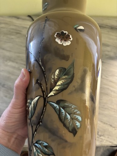BRISTOL GLASS CLAM BROTH VASE HAND PAINTED BIRDS AND FLOWERS 12" - Picture 15 of 15