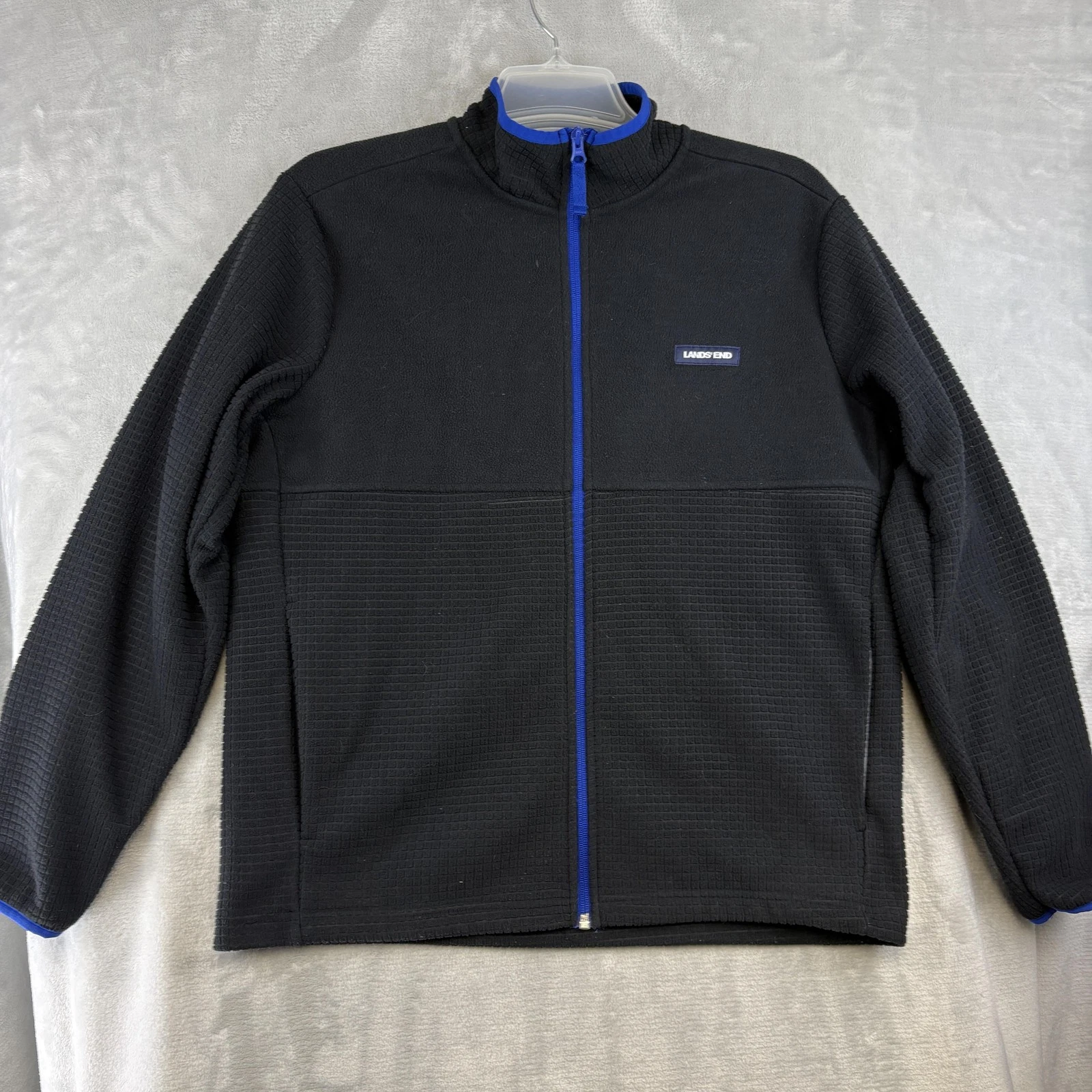 Lands End Jacket Mens Medium Black Grid Fleece Full Zip Lightweight Mock Neck