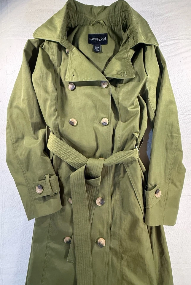 Gabardina Rachel Zoe para mujer con capucha doble botonadura XL verde oliva venta al por menor $186 Foto 3 de 4
