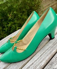 Vintage SELBY Leather High Heel Pumps Green Gold Made In USA Sz 7 Heels Retro