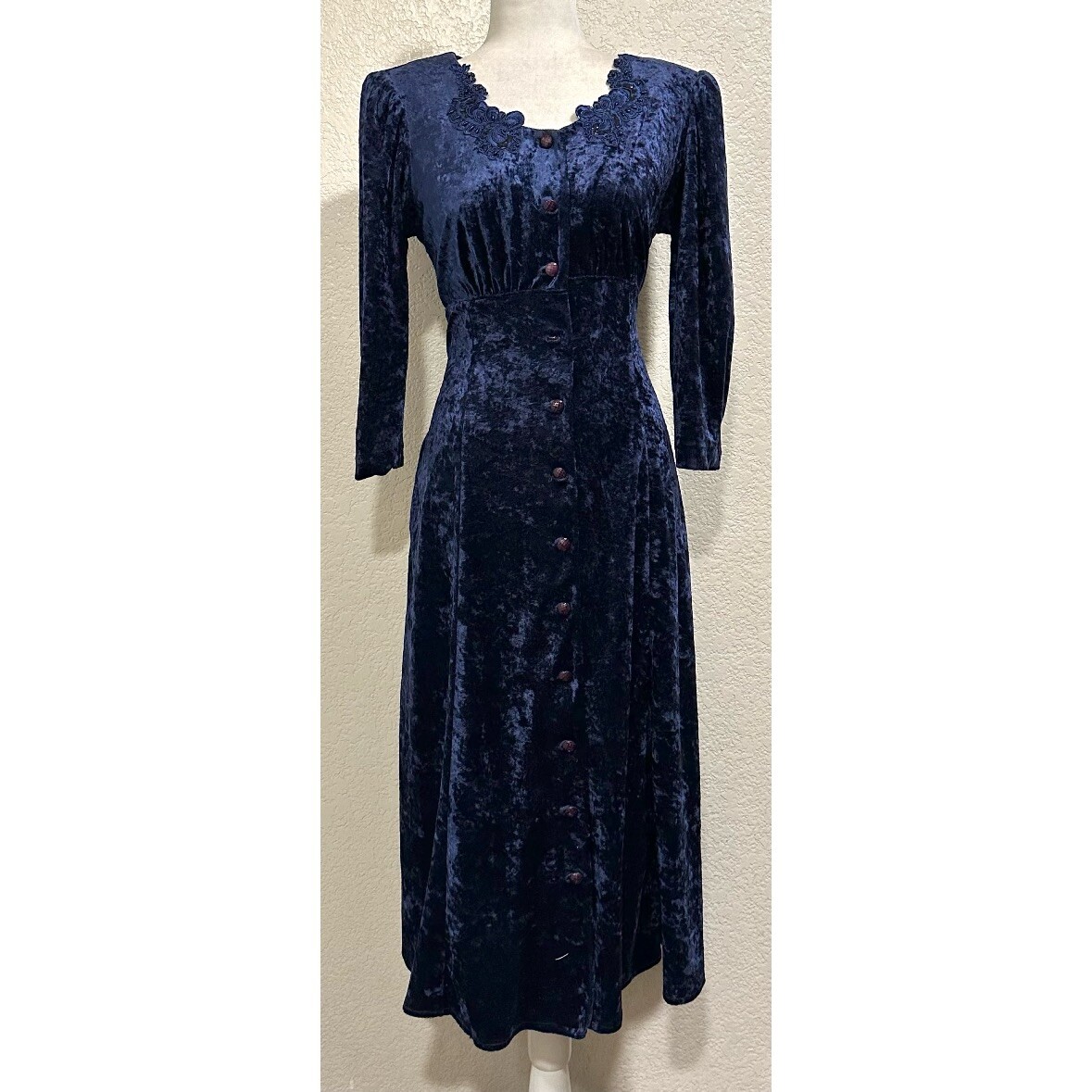Molly Malloy Vintage 90s Petite Blue Velvet Midi Evening Dress Women's 10P