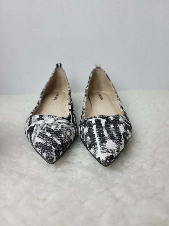 Diesel Mujer Ballet Talla 8.5 Denim Estampado Punta Plana Puntera Negro Plata Foto 2 de 4