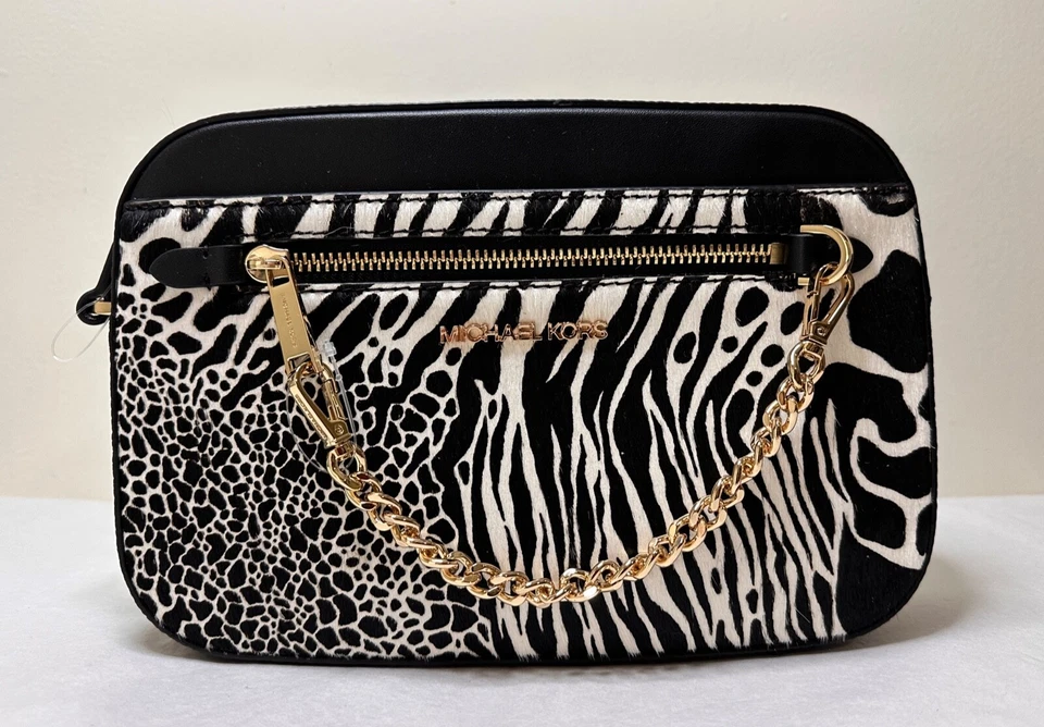 MICHAEL KORS JET SET ZEBRA BLACK LEATHER CALF HAIR  ZIP CHAIN CROSSBODY BAG