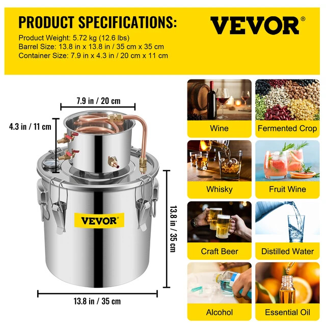 VEVOR 3/5/8 GAL Copper Alcohol Distiller | Home DIY Brewing and Distilling Kit