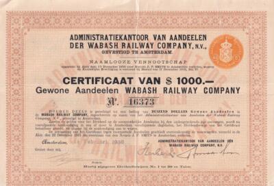 1936 Wabash Railroad - Netherlands Dutch Stock Certificate