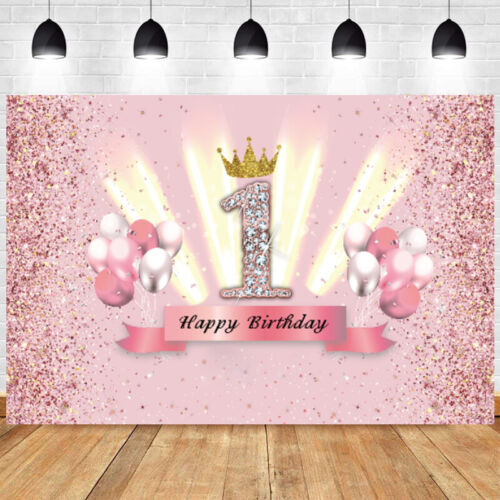 Pink 1st Backdrop Princess Happy Birthday Baby Shower Photo Background Banner - Photo 1 sur 12