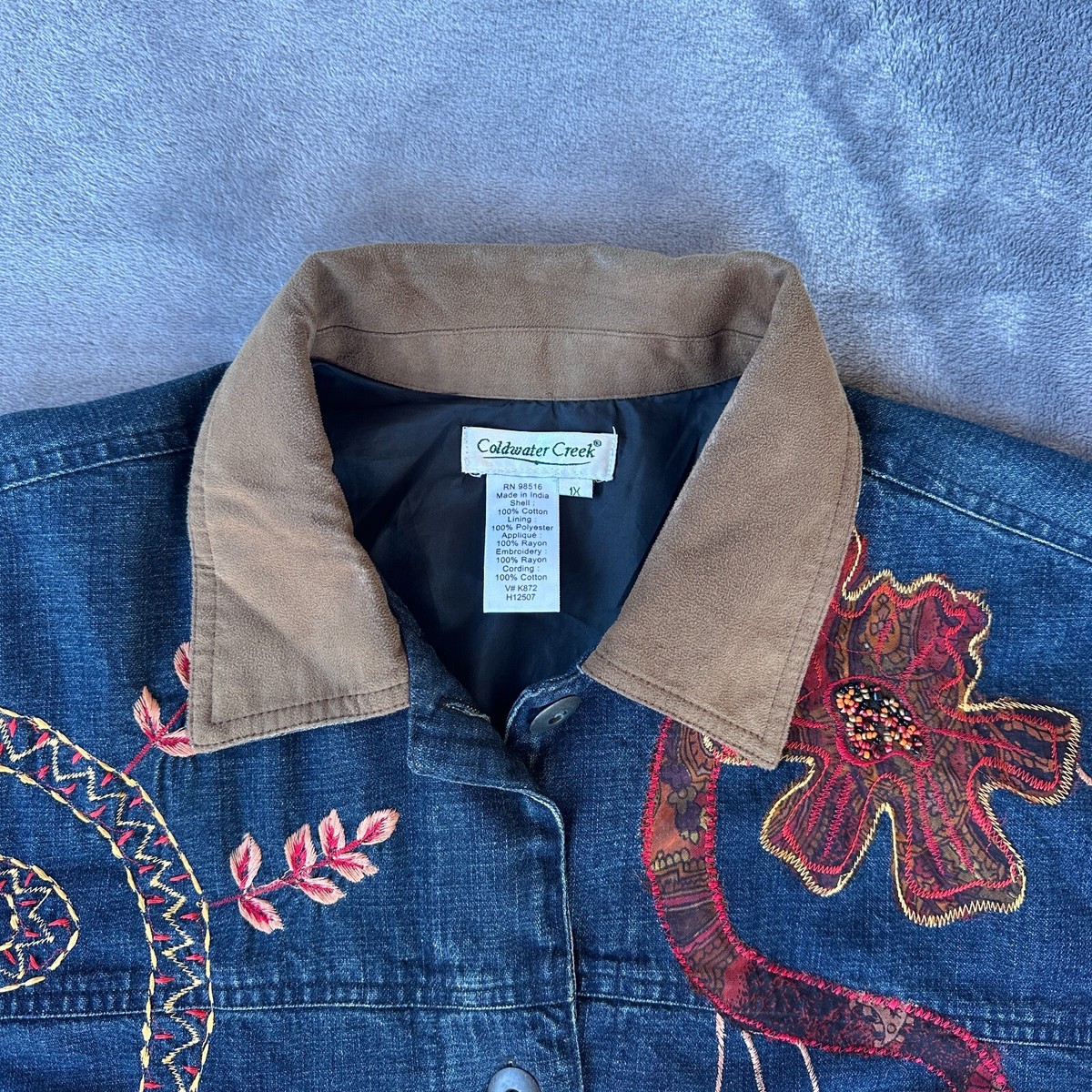coldwater creek 柄 ジャケット Embroidered Knit Denim Jacket - Coldwater Creek