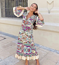 ZARA 2023 CREAM MULTI BOHO FLORAL PRINT RUFFLE MIDI DRESS SIZE S 10 REF 7832/016