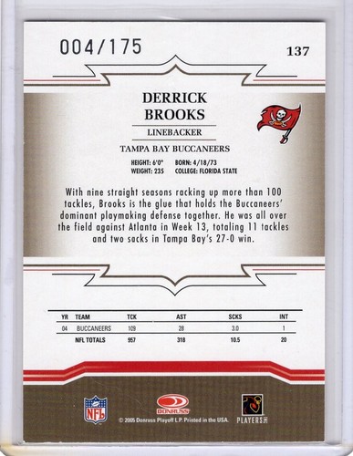 2005 Donruss "Throwback Threads" Derrick Brooks #'d 4/175 - Picture 2 of 2