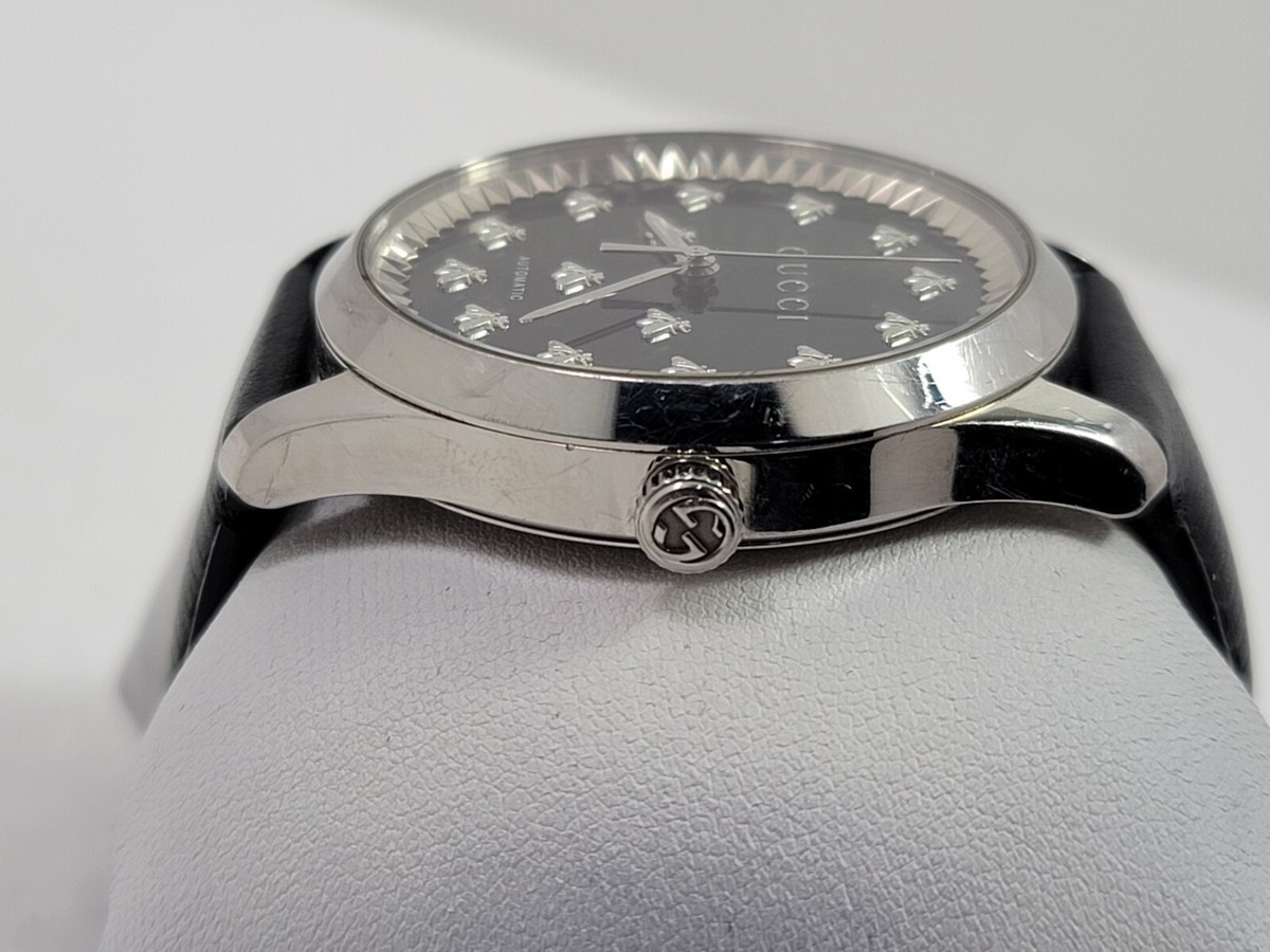 Gucci G-Timeless SWISS Automatic Black Dial Leather Strap Men's