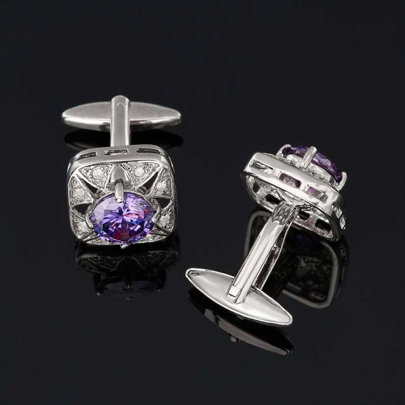 Beautiful Edwardian Vintage Style Light Purple Sapphire & Round Cut CZ Cufflinks - Image 2 of 4
