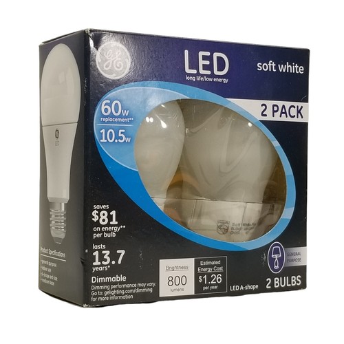 GE LED 2 Pack A-Shape Bulb 60W Replacement uses 10.5W 800 Lumens Dimmable 21900