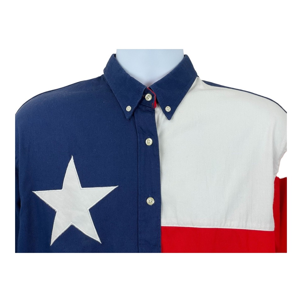 VINTAGE Texas Cotton Flag Shirt Mens Large Red White Blue Lone Star