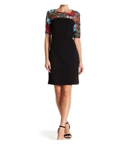 Nina Leonard Embroidered Floral Lace Shift Midi Dress BLACK Boho Mesh Colorful - Picture 2 of 8