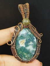 Copper Moss Agate Gemstone Copper Wire Wrapped Handmade Jewelry Pendant