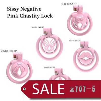 Male Sissy Negative Pink Chastity Device Cage with 5 Ring Lock Belt Device