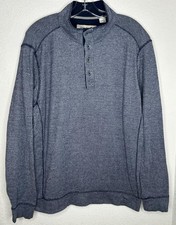 Tommy Bahama Sweater Mens Large Blue Waffle Knit Thermal Mock Neck Henley Cotton