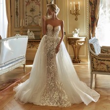 Luxury Pearl Beaded Strapless Mermaid Wedding Dress Detachable Train Bridal Gown