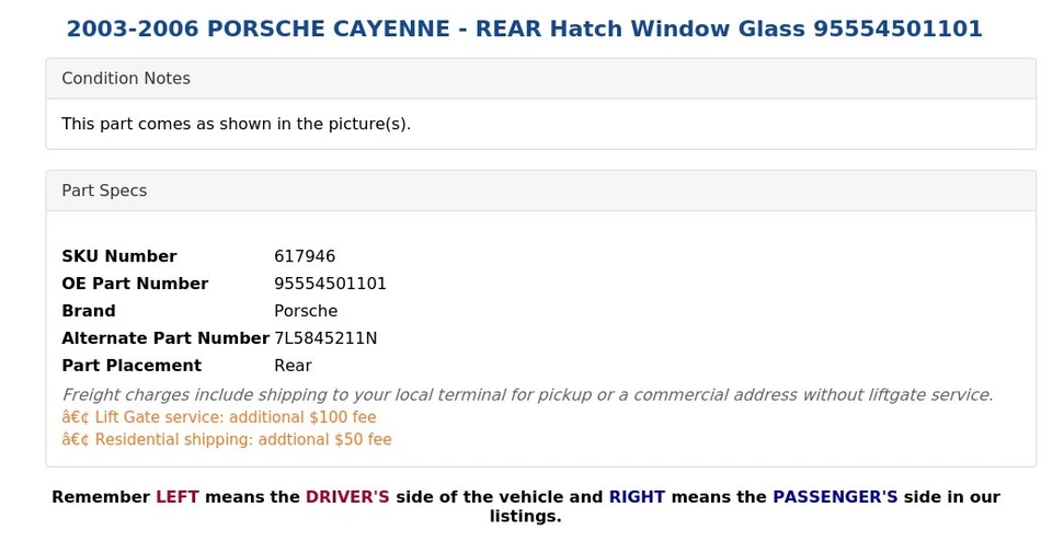 2003-2006 PORSCHE CAYENNE - 后舱窗玻璃 95554501101 — 第 4/4 张图片