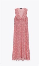 Zara Red White Floral Print MAXI Tiered Dress Sleeveless Lrg Collar Sz Large