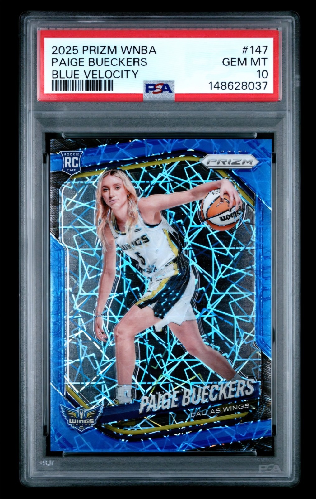 Panini 2025 Prizm WNBA Paige Bueckers BLUE VELOCITY #147 PSA 10 RC