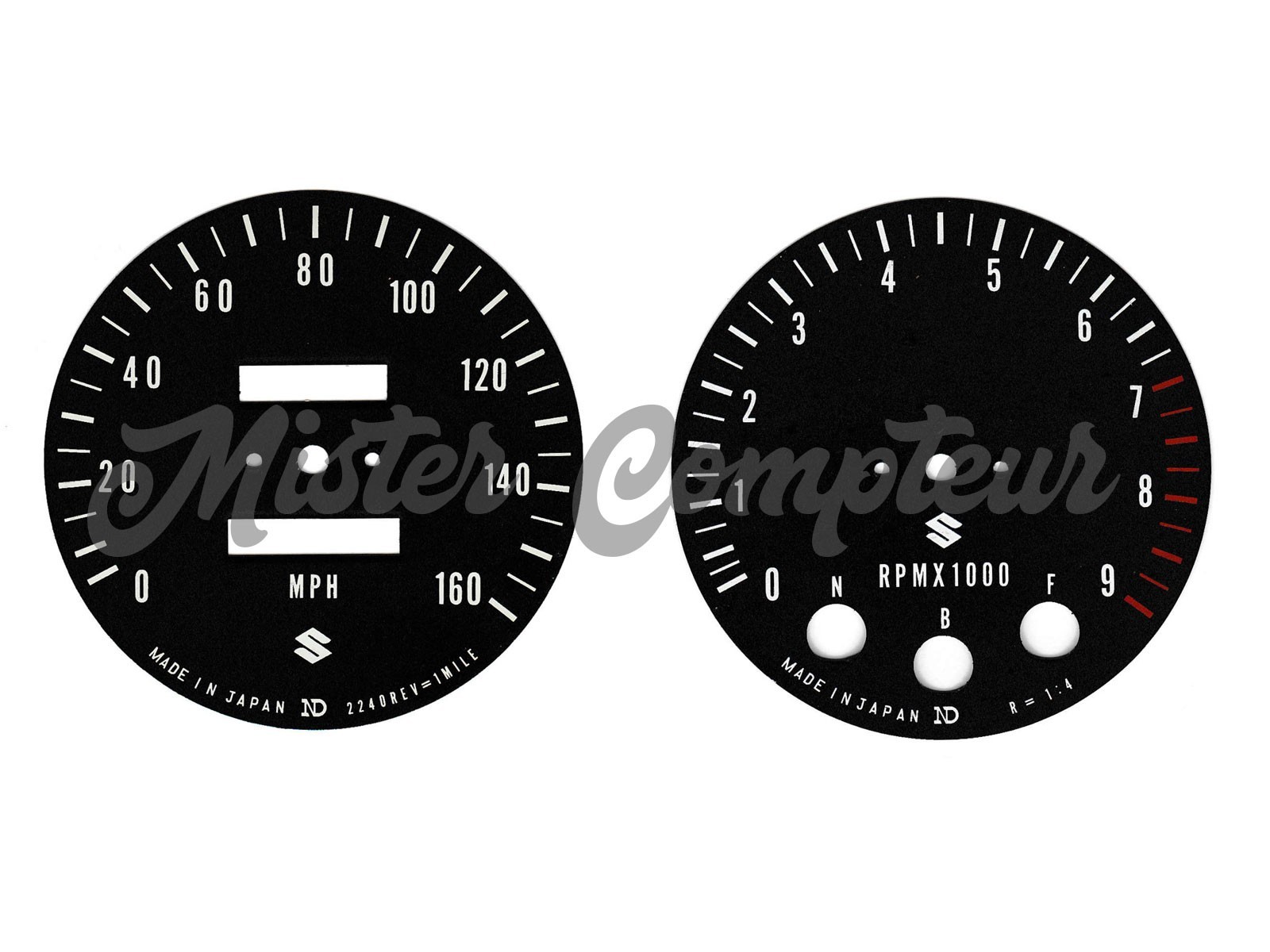 Fonds de compteur MPH et RPM pour moto Suzuki GT750 versions J-K 1972-1973