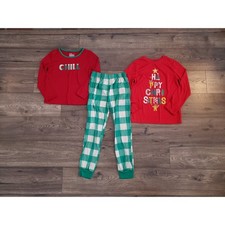 Boys Lot of 2 Christmas Pajamas Tops Bottoms Red Green Plaid Pants Kids 7-8 8-10