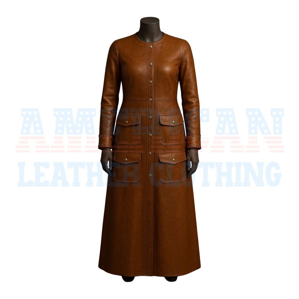 Women's Brown Long Leather Jacket | Stylish Premium Leather Coat Luxury Raincoat image 2