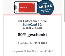 BahnCard 50 Deutsche Bahn 80% Rabatt Gutschein