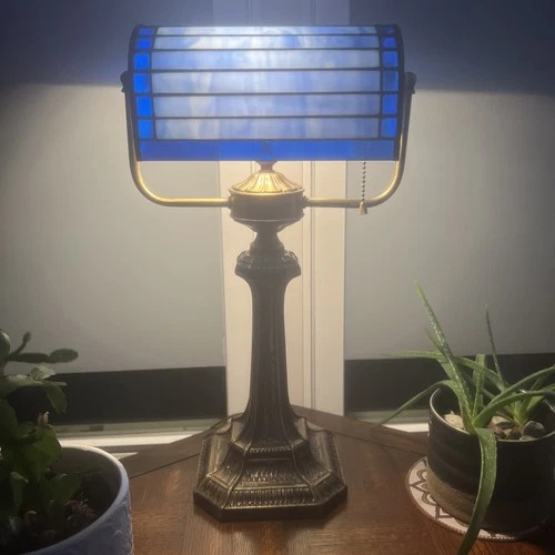 Vintage Loevsky & Loevsky NYC Blue Tiffany Brass Piano Lamp Stunning